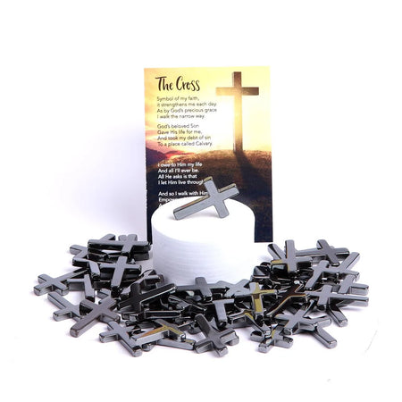HEMATITE POCKET CROSS W/ CARD PK50