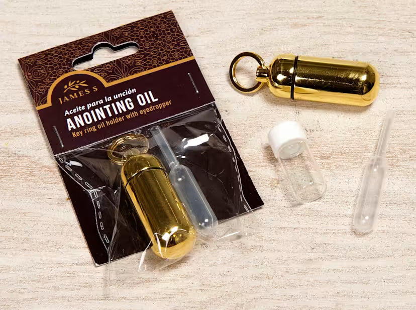 Anointing Oil Holder - Brass Finish: Key Ring Oil Holder with Eyedropper