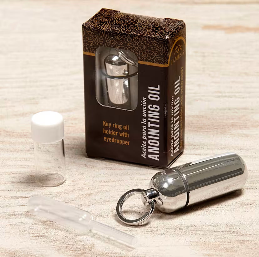 Share  Print Anointing Oil Holder - Box Packaging - Silver Finish: Key Ring Oil Holder with Eyedropper