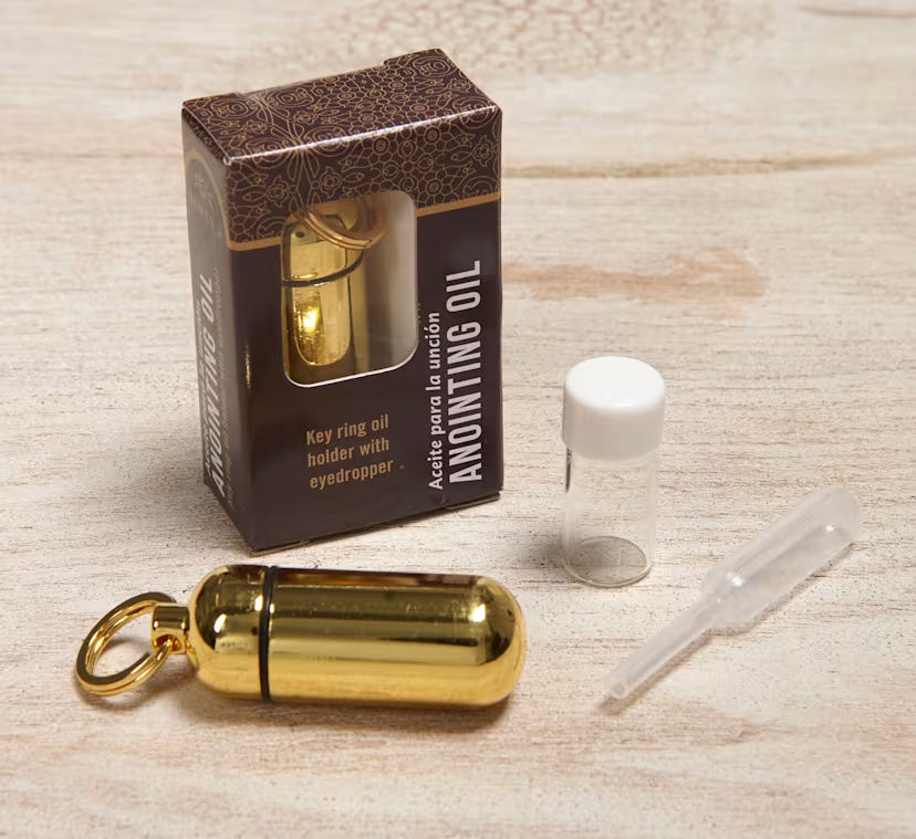 Anointing Oil Holder - Brass Finish in Box Packaging: Key Ring Oil Holder with Eyedropper
