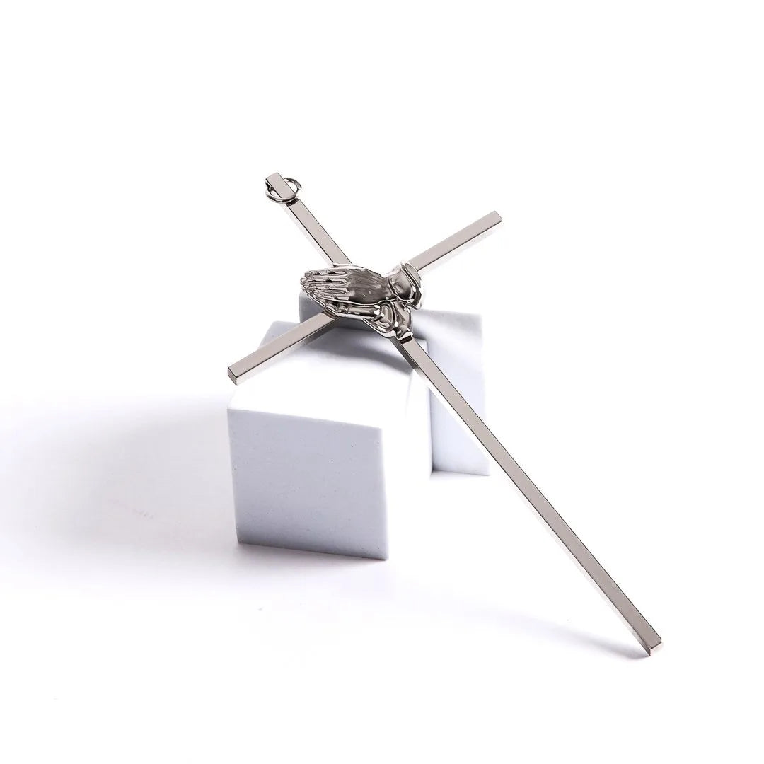 WALL CROSS PRAYING HANDS SILVER 8"