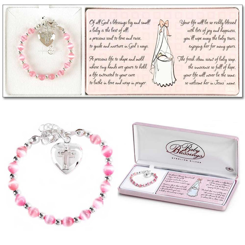 Bracelet Baby Heart/Cross Pink Cat Eyes Sil Pl 4" by Dicksons