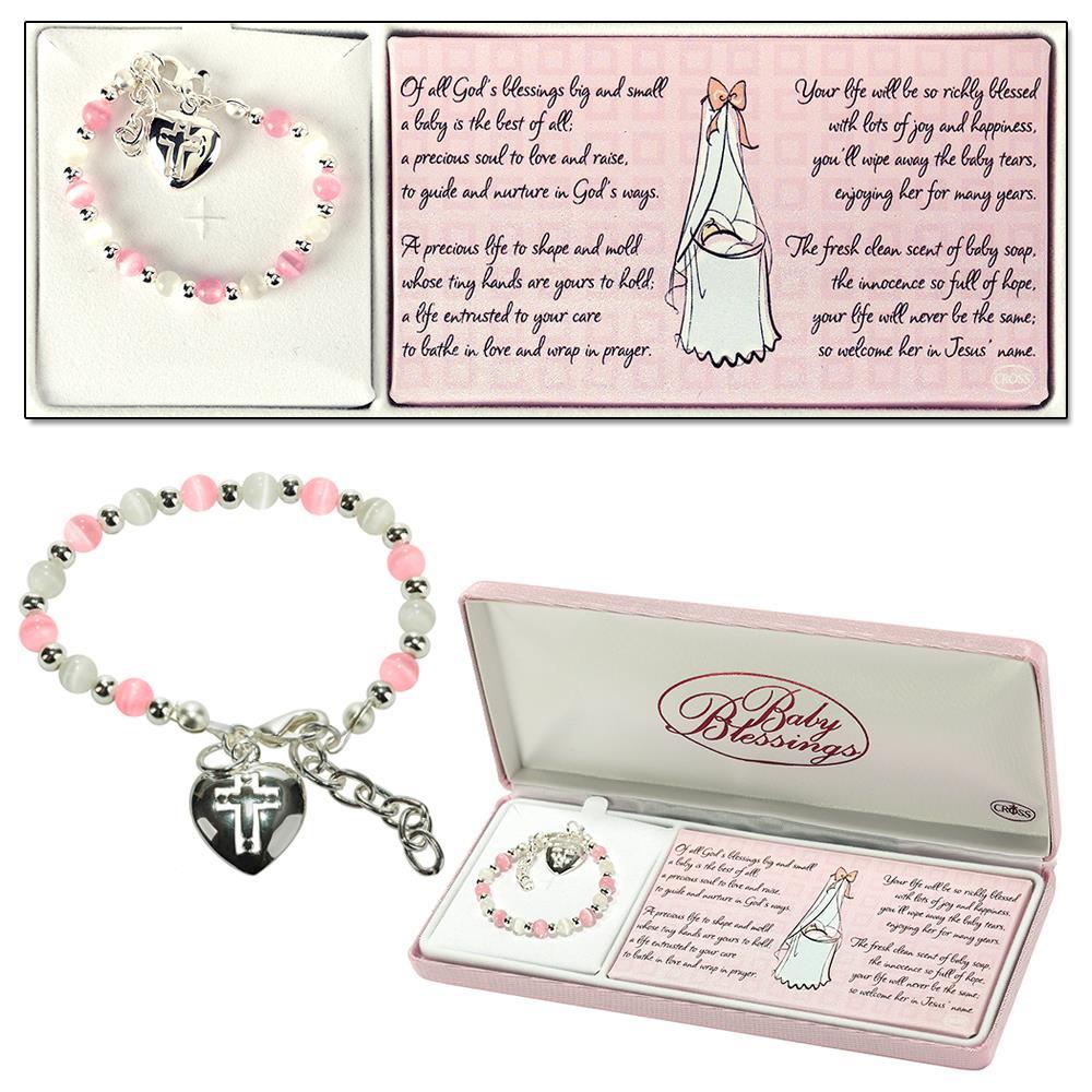 Bracelet Baby Heart/Cross Wh/pnk Cat Eye Silpl 4" by Dicksons
