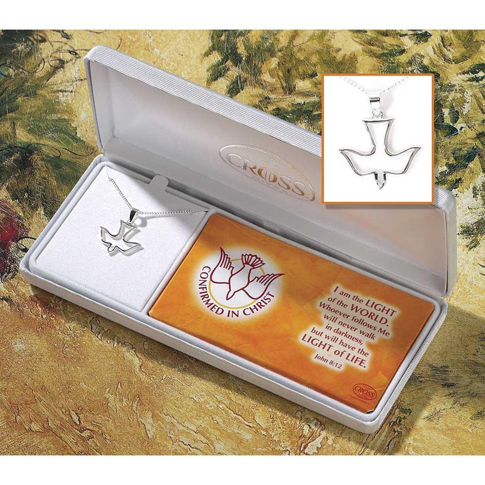 Silver Plated "Confirmed in Christ" Open Dove Confirmation Necklace on 18 inch by Dicksons
