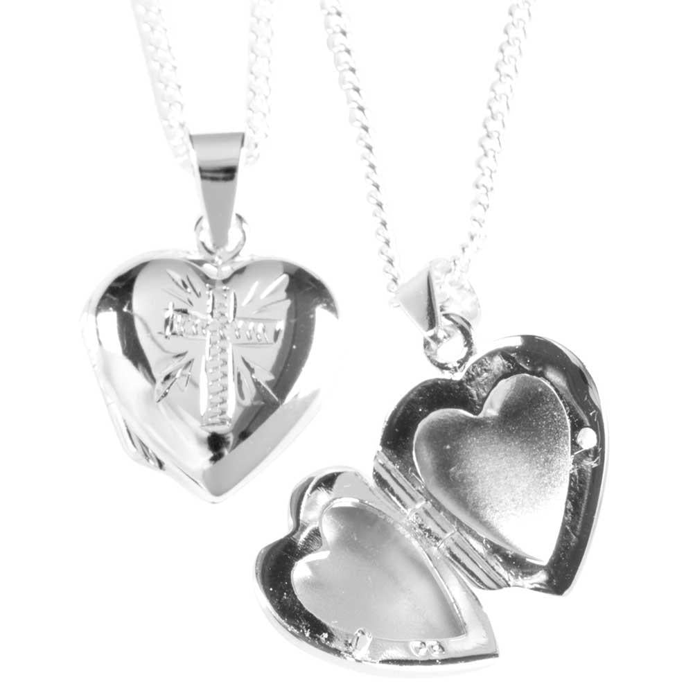 Heart Locket with Detailed Cross Design Silver-Plated 18-Inch Pendant Necklace by Dicksons