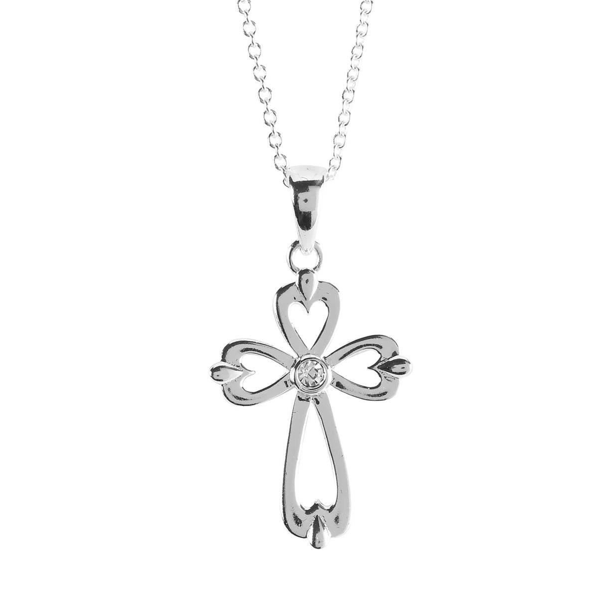 Open Heart Bud Cross Pendant with CZ Center Stone - 18 Inch Silver Plated by Dicksons