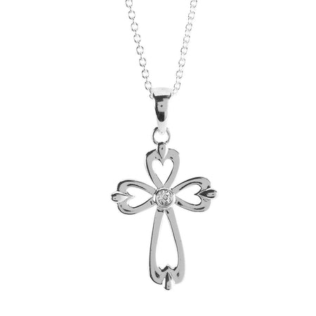 Open Heart Bud Cross Pendant with CZ Center Stone - 18 Inch Silver Plated by Dicksons