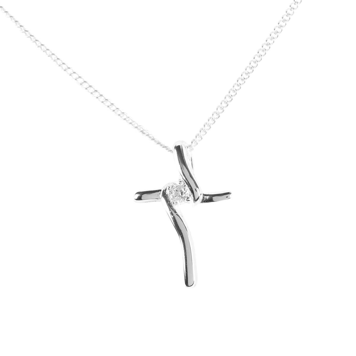 Curve Cross Cubic Zirconia Center, Silver Tone, 18 Inch, Plated Metal by Dicksons