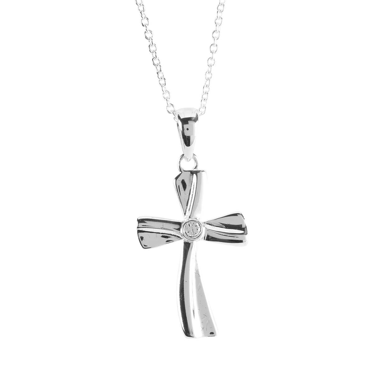 Curved Bevel Cross with Crystal Center - 18 Inch Silver Plated Stainless Steel by Dicksons