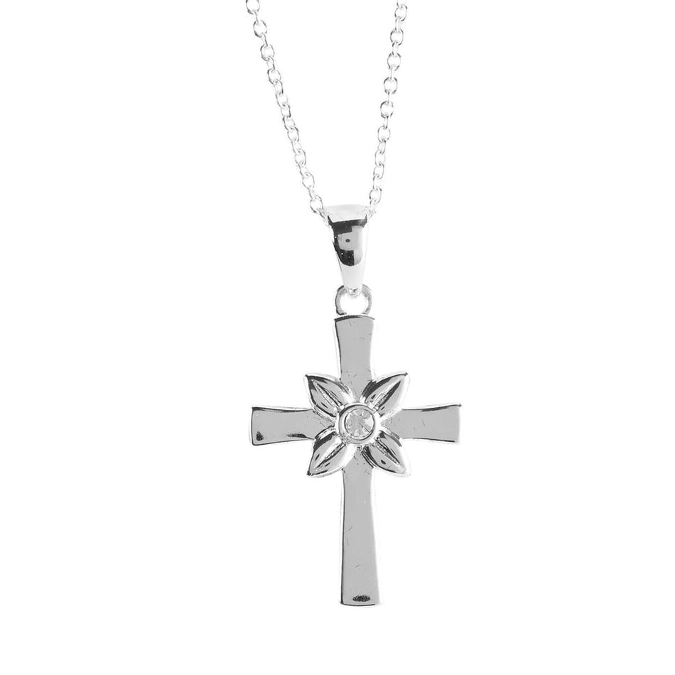 Floral Box Cross with Clear Stone Center - 18 Inch Silver Plated Stainless by Dicksons