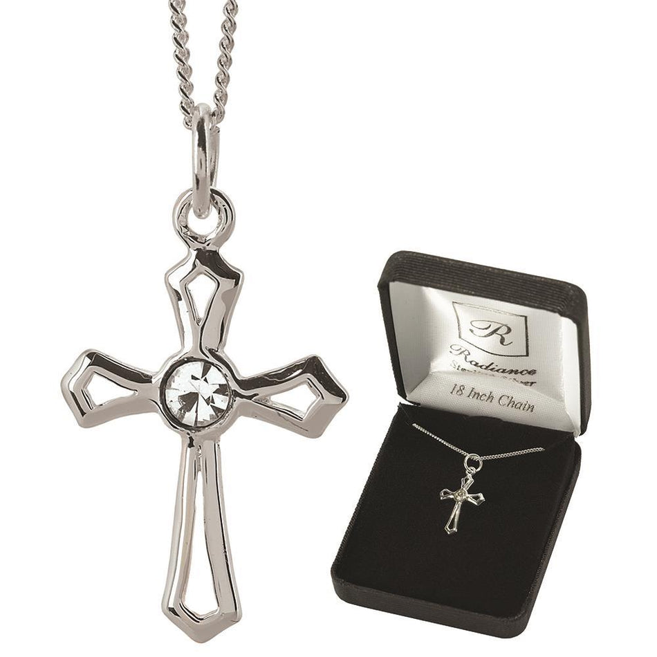Necklace Sterling Silver Opn Flare Cross Cz 18"DBOX by Dicksons