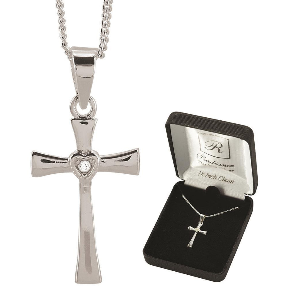 Necklace Sterling Silver Flare Cross/Heart Cz-18"dbox by Dicksons