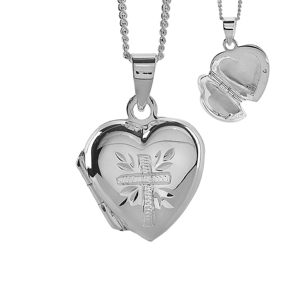 Necklace Heart Locket Engrvd Cross Silver Plated 1/2"-16 by Dicksons