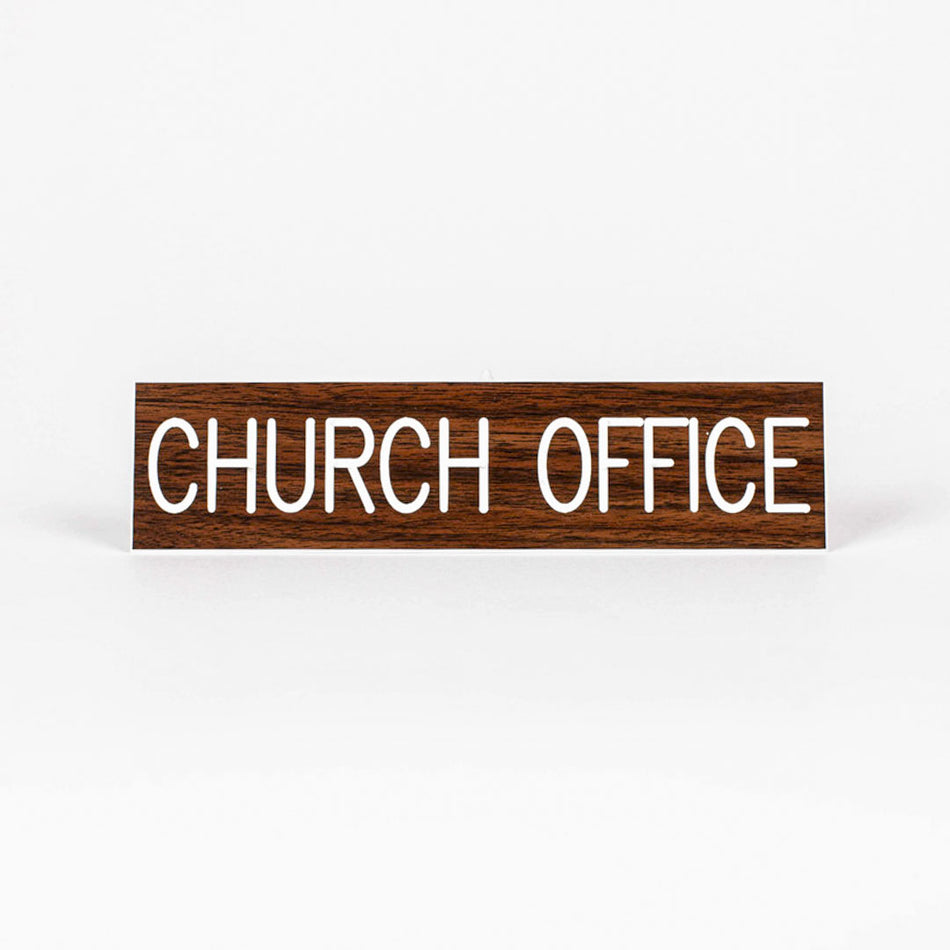SIGN ENGRAVED CHURCH OFFICE ADHESIVE BACK WALNUT