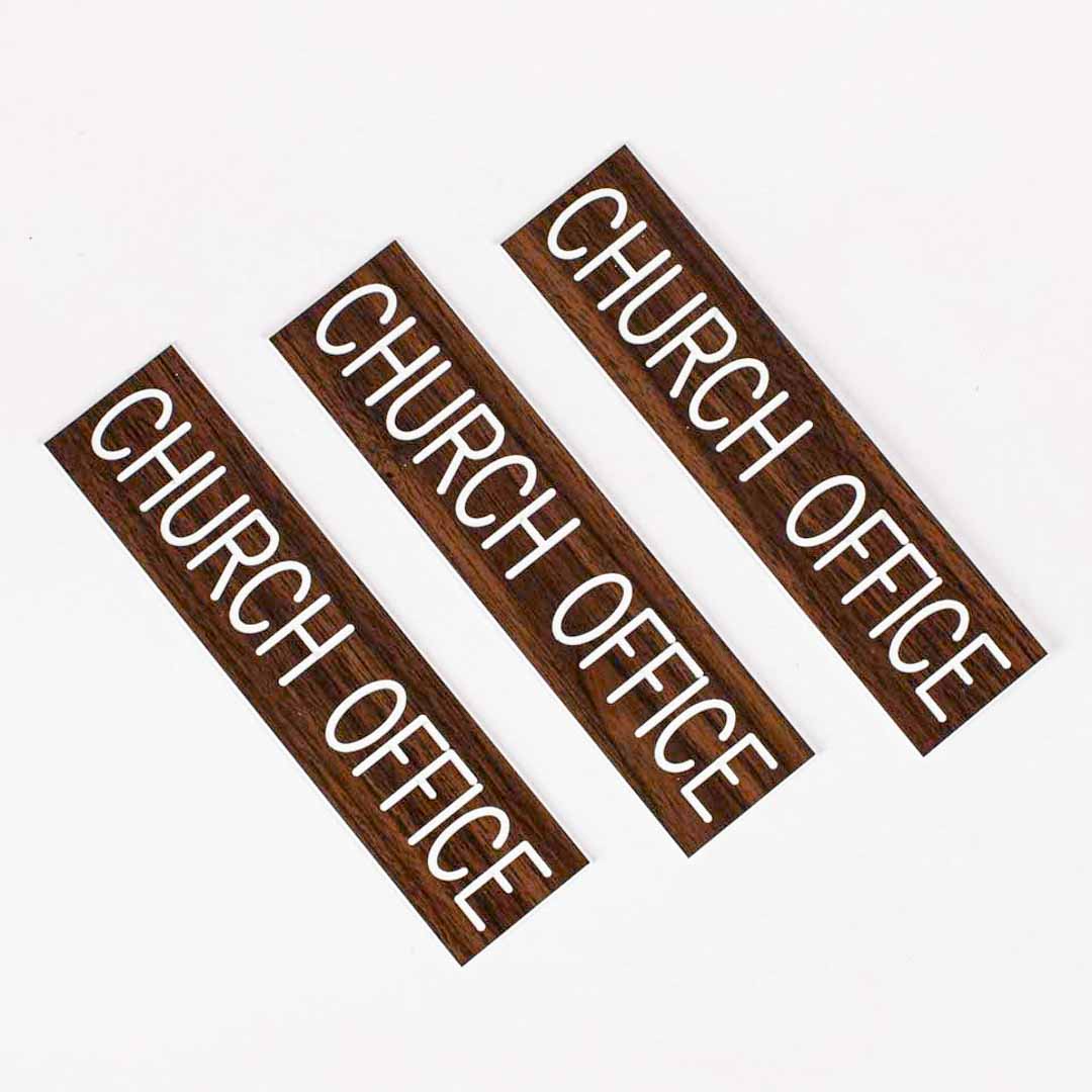 SIGN ENGRAVED CHURCH OFFICE ADHESIVE BACK WALNUT