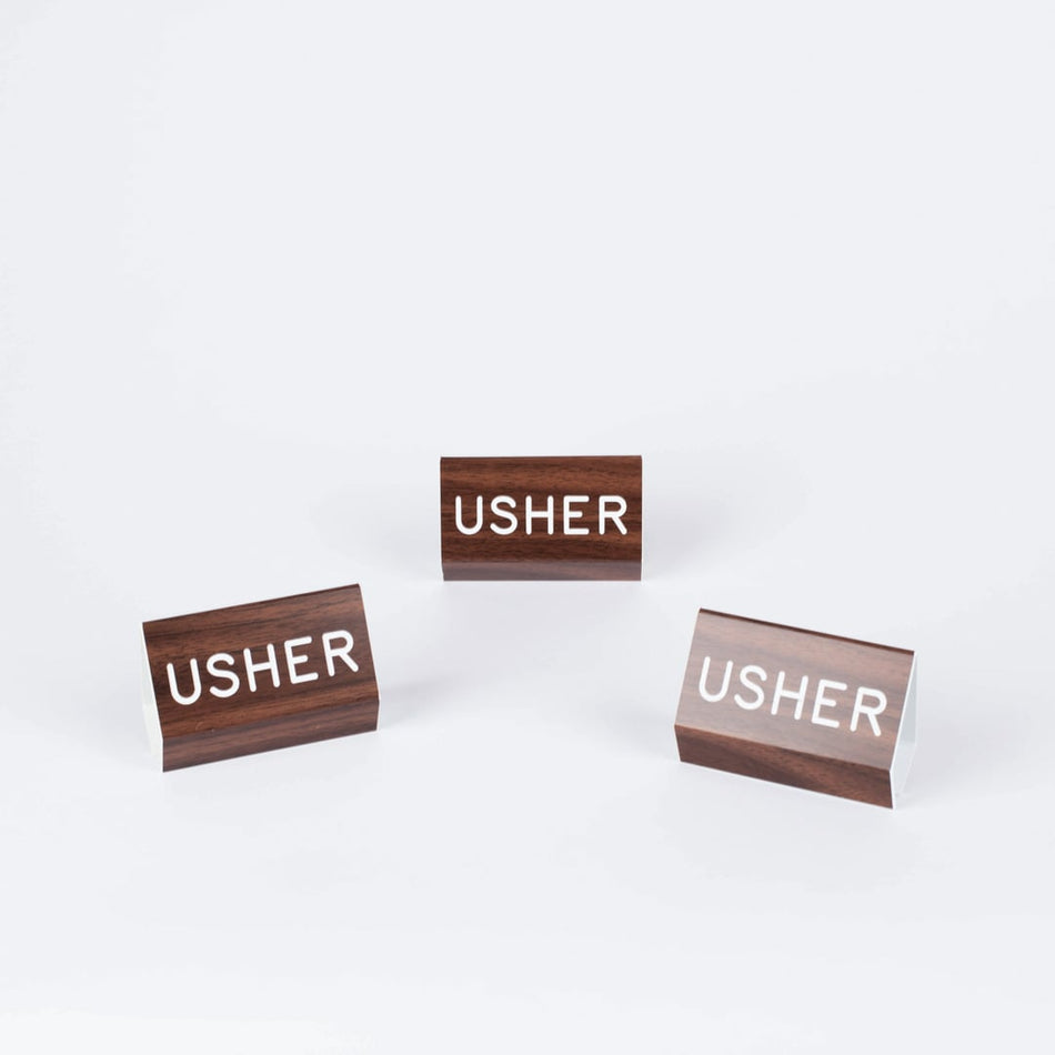 Sign Engraved Pew Usher Walnut Grain Plastic 3 X 4 by Swanson Christian Products, product view 2