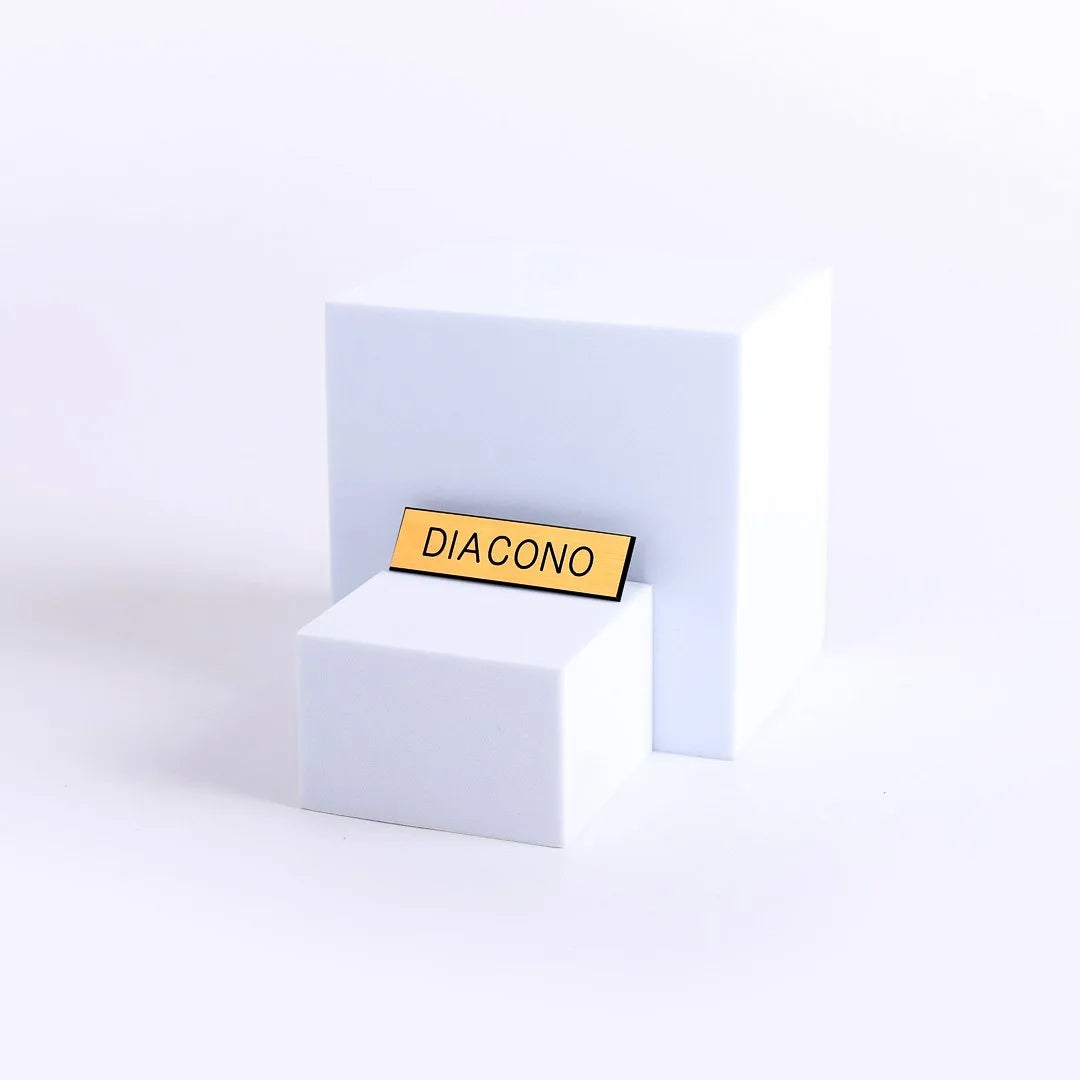 Badge Engraved - Spanish Diacono / Deacon Gold, Black or White - Pin Back by Swanson Christian Products, product view 3