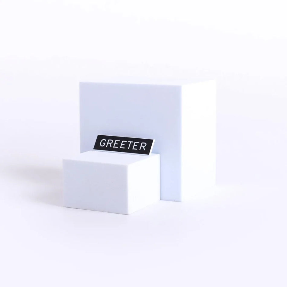 Badge Engraved Greeter Black Pin