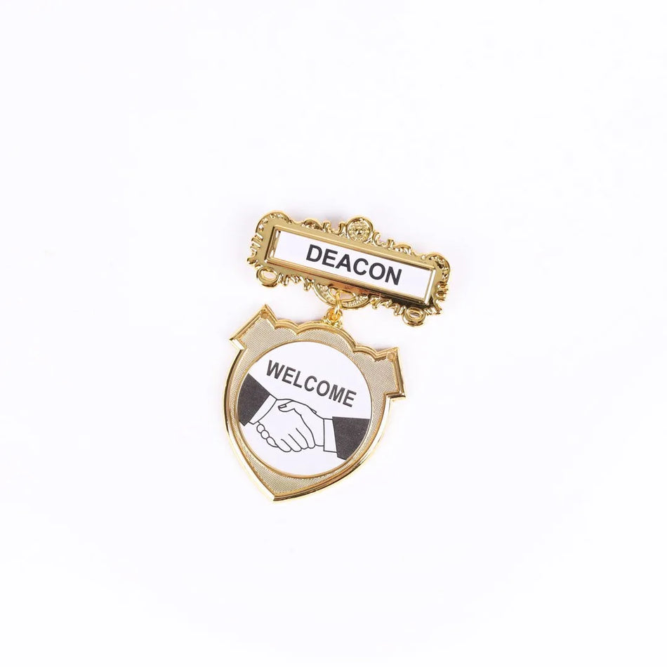 Badge Shield Deacon Shaking Hands Pin by Swanson Christian Products, product view 2