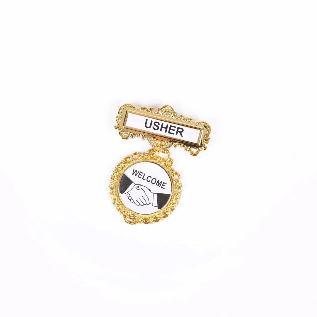 BADGE FANCY ROUND USHER SHAKING HANDS PIN