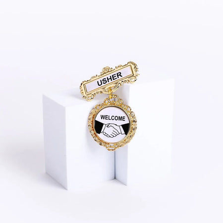 BADGE FANCY ROUND USHER SHAKING HANDS PIN