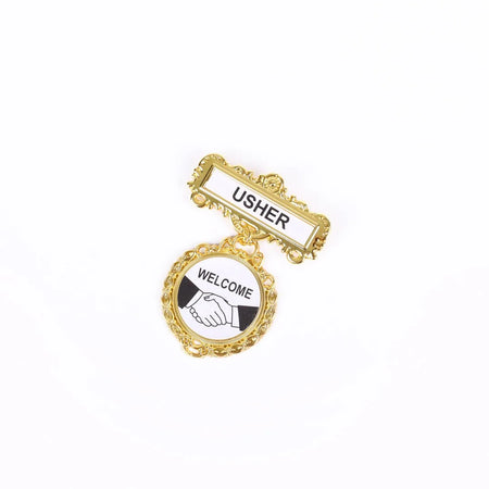BADGE FANCY ROUND USHER SHAKING HANDS PIN