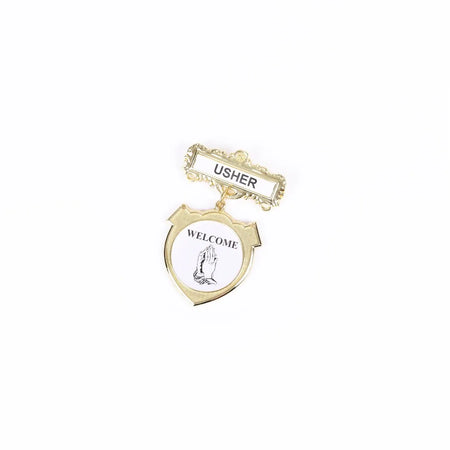 BADGE SHIELD USHER PRAYING HANDS WELCOME PIN