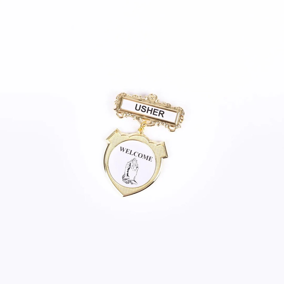 Badge Shield Usher Praying Hands Welcome - Choose Fastener Type