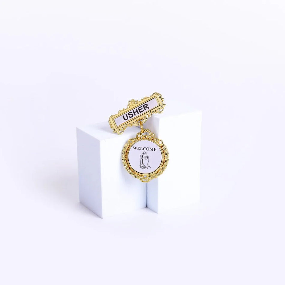 Badge Fancy Round Usher Praying Hands Welcome Pin by Swanson Christian Products, product view 2
