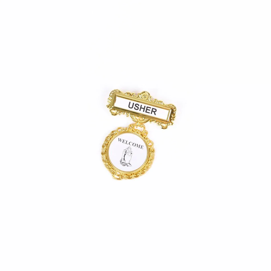Badge Fancy Round Usher Praying Hands Welcome Pin