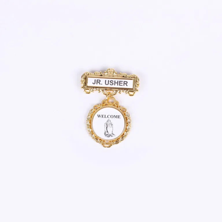 Badge – Fancy Round – Jr. Usher – Praying Hands Welcome – Pin