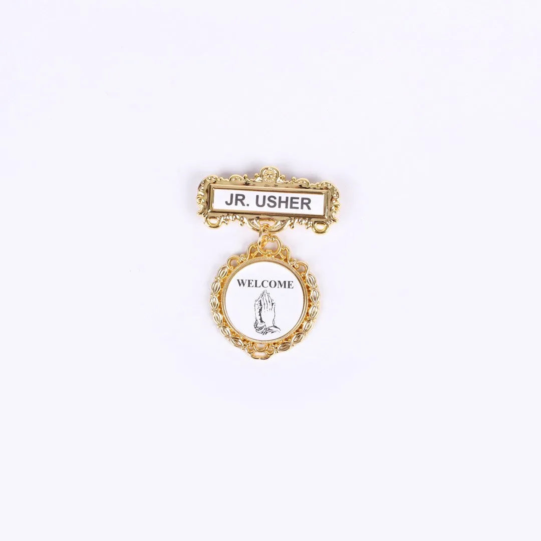Badge - Fancy Round - Jr. Usher - Praying Hands Welcome - Pin by Swanson Christian Products