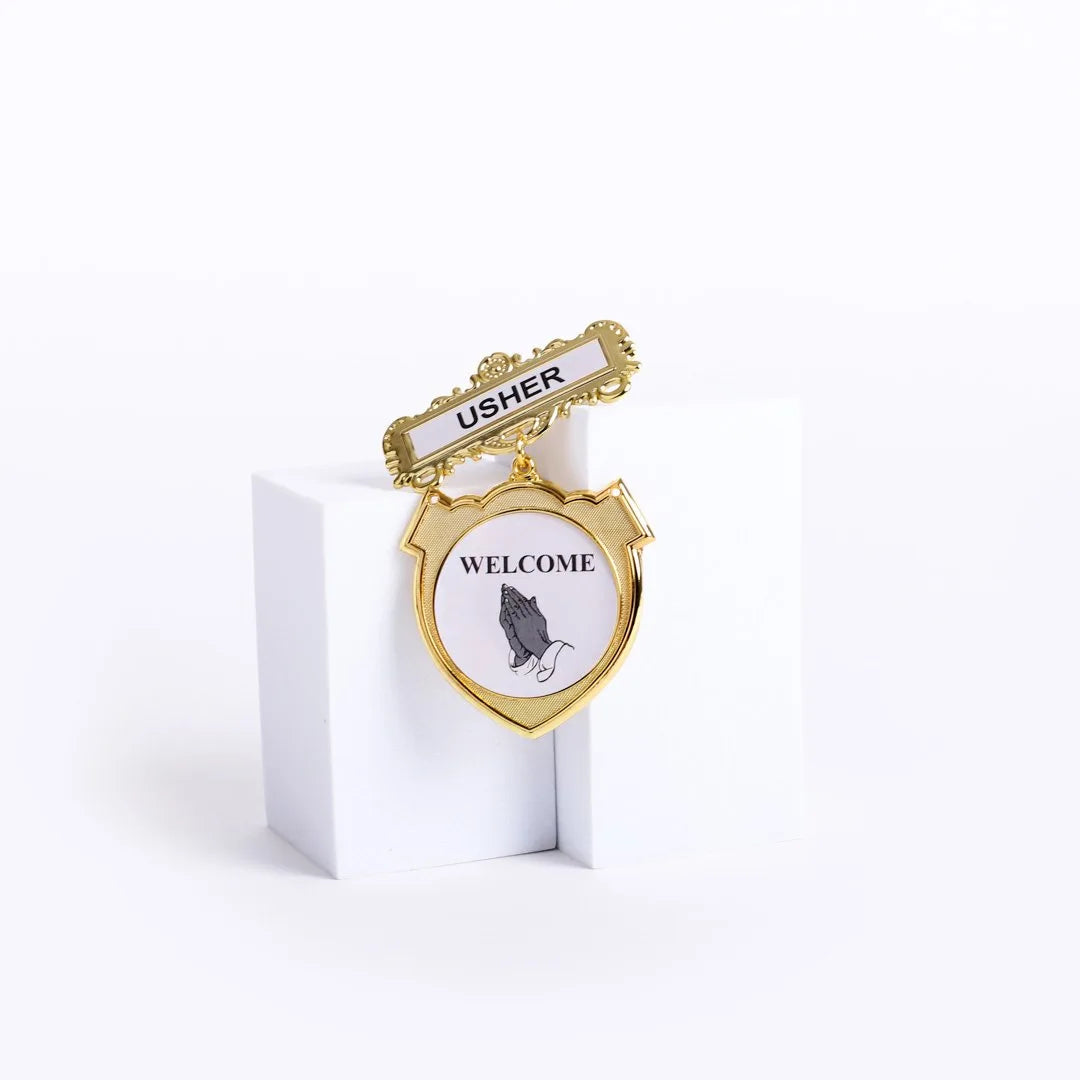 Badge - Shield - Usher - Ethnic Praying Hands - Choose Fastener Type by Swanson Christian Products, product view 2