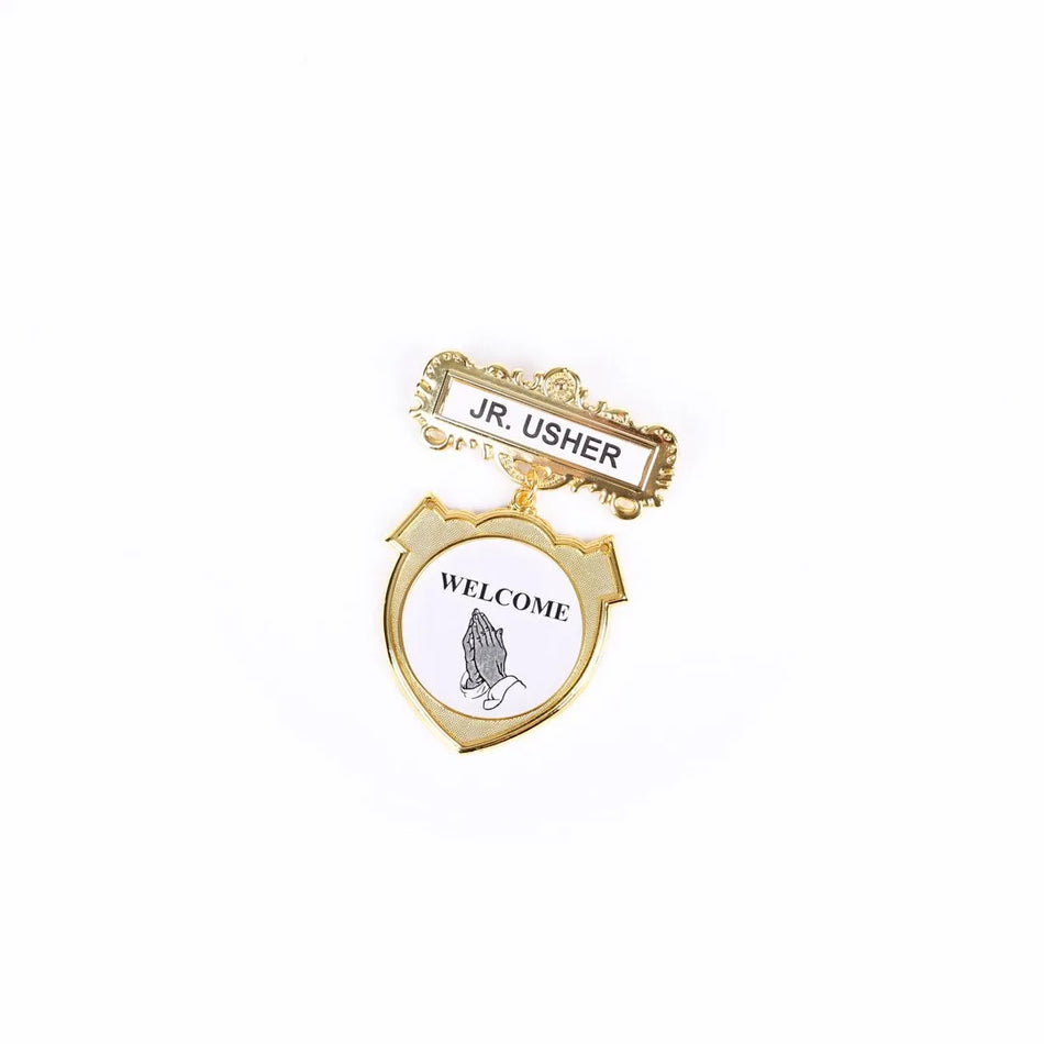 Badge Shield - Jr Usher - Ethnic Praying Hands Pi by Swanson Christian Products