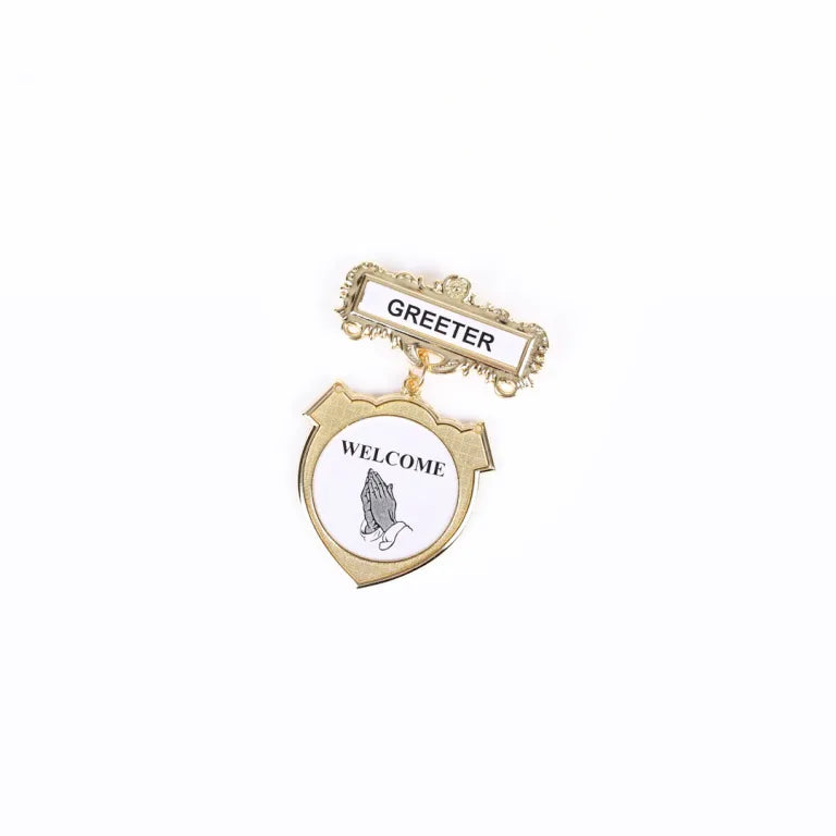 Badge Shield Greeter Ethnic Praying Hands Pin
