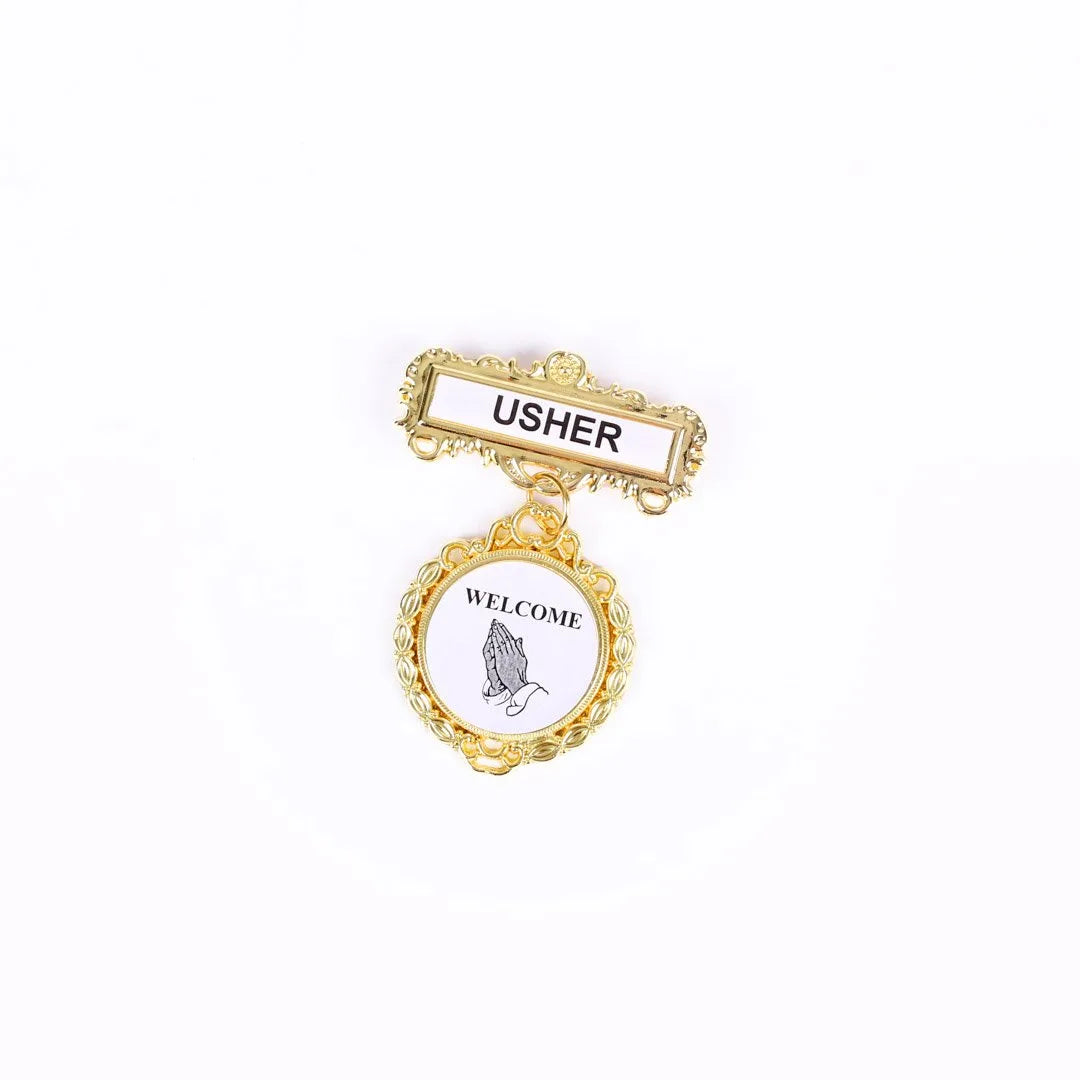 Badge Fancy Round Usher Ethnic Praying Hands Pin by Swanson Christian Products