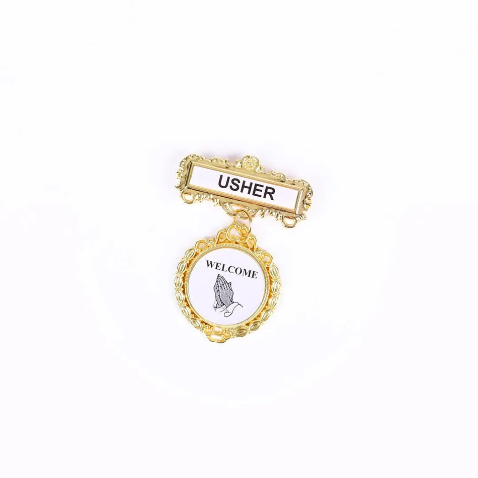 Badge Fancy Round Usher Ethnic Praying Hands Pin by Swanson Christian Products