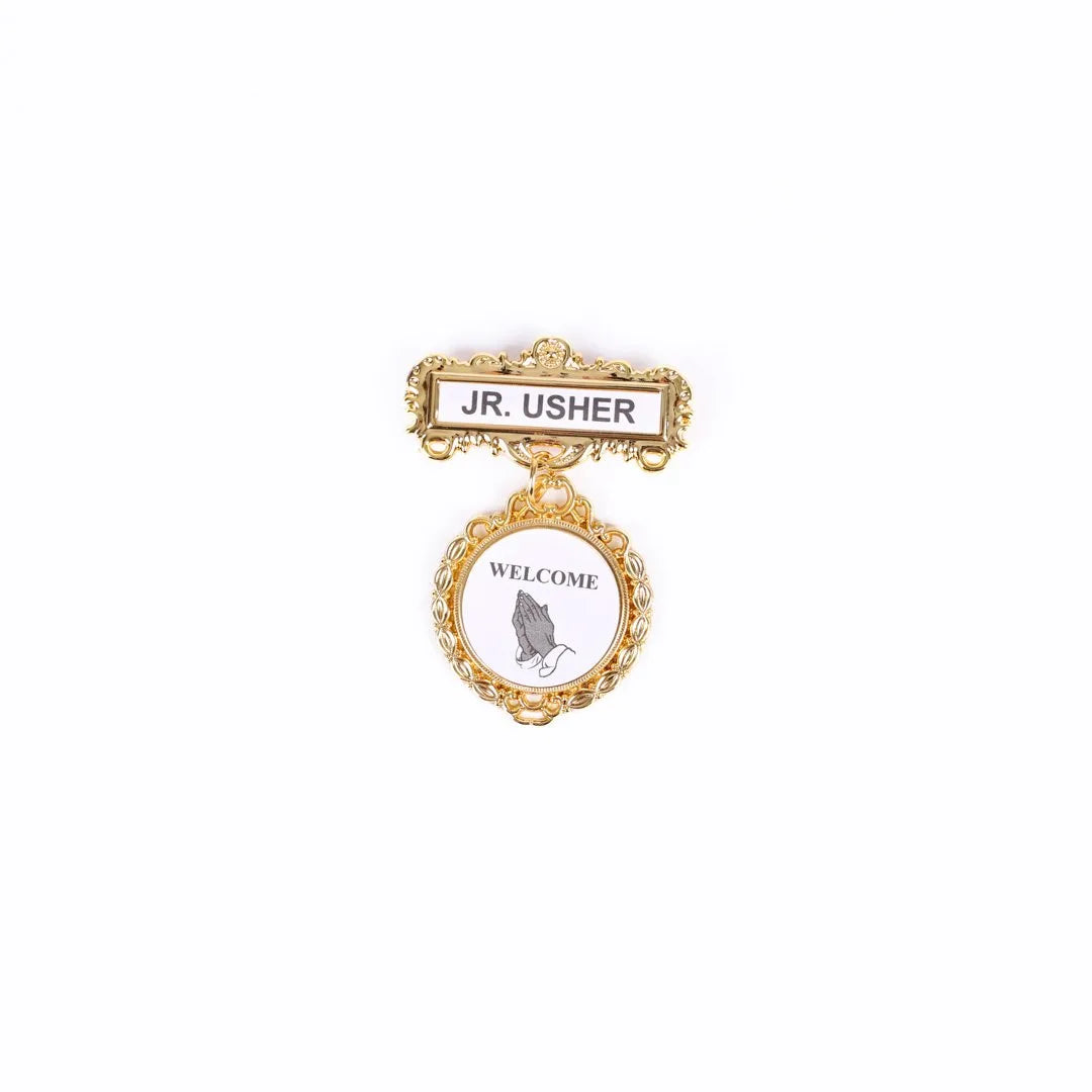 Badge - Fancy Round - Jr Usher - Ethnic Praying Hands - Pin by Swanson Christian Products