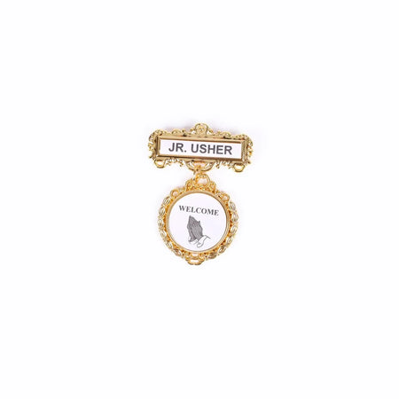Badge - Fancy Round - Jr Usher - Ethnic Praying Hands - Pin by Swanson Christian Products
