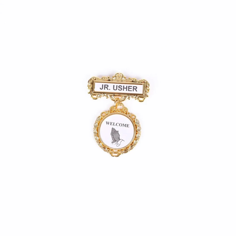 Badge - Fancy Round - Jr Usher - Ethnic Praying Hands - Pin by Swanson Christian Products