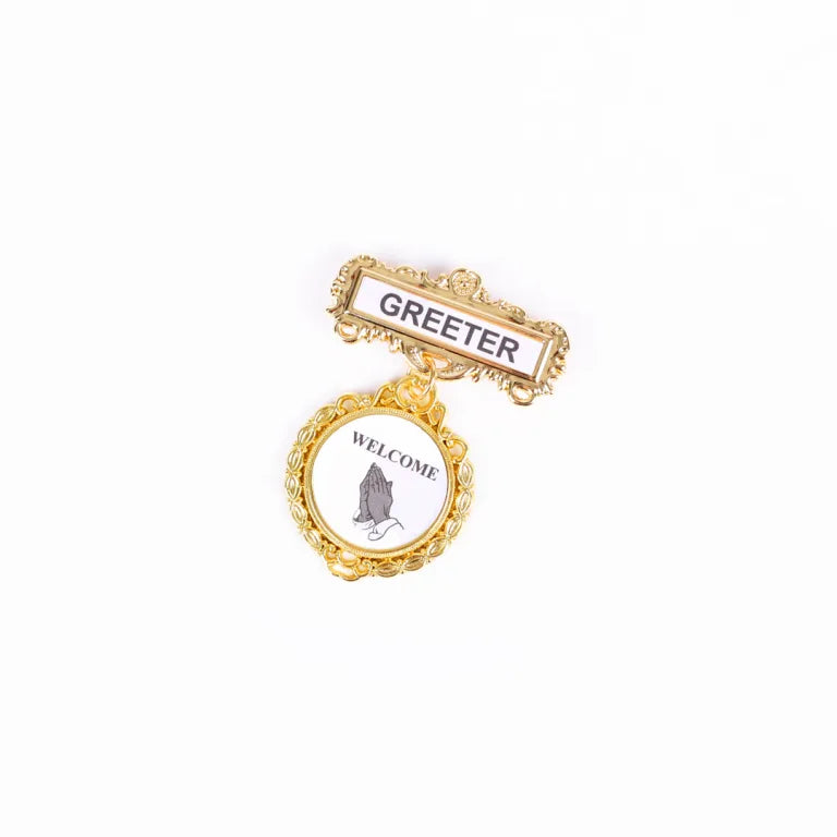 Badge – Fancy Round – Greeter – Ethnic Praying Hands – Pin