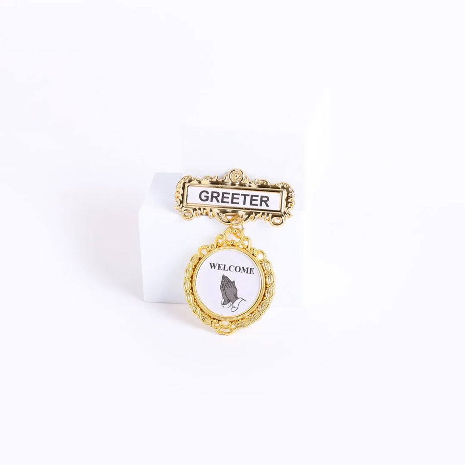 Badge - Fancy Round - Greeter - Ethnic Praying Hands - Pin by Swanson Christian Products