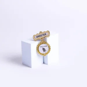 Badge – Fancy Round – Greeter – Ethnic Praying Hands – Pin
