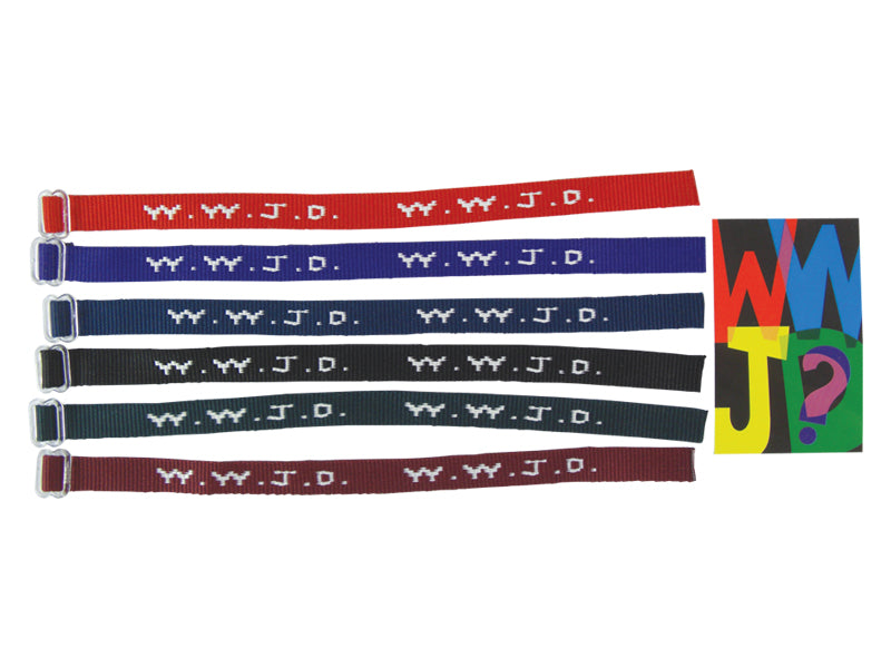 BRACELET WOVEN WWJD ASSORTED COLORS W/ CARD PK12