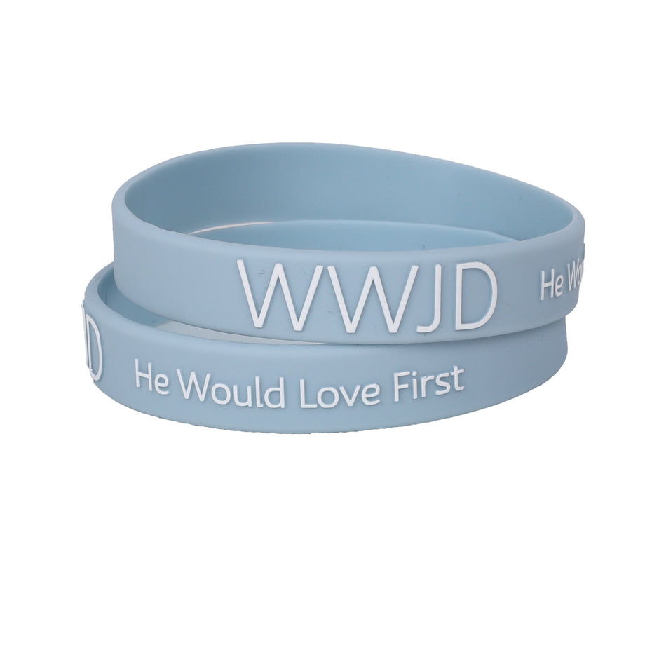 BRACELET SILICONE WWJD HE WOULD LT BLUE PK12