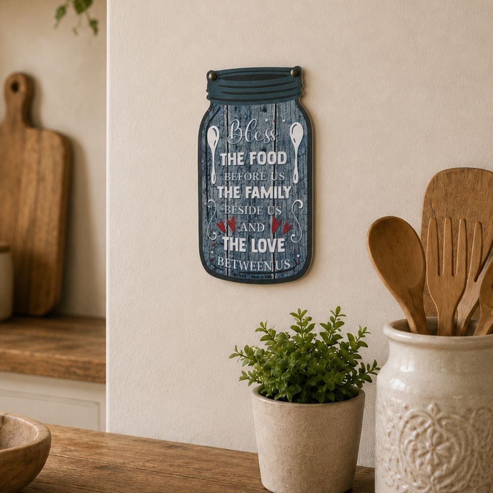 Bless the Food, Family and Love Metal Mason Jar Sign - 4 x 8 Inches by Swanson Christian Products, product view 3