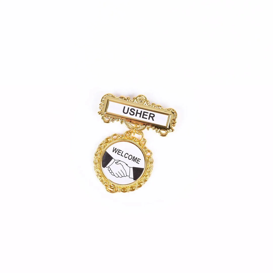 Badge Fancy Round Usher Shaking Hands - Choose Fastener Type