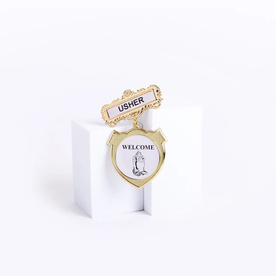 Badge Shield Usher Praying Hands Welcome - Choose Fastener Type by Swanson Christian Products