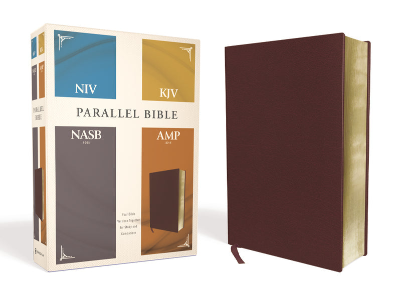 NIV, KJV, NASB, Amplified, Parallel Bible: Four Bible Versions Together for Study and Comparison – Bonded Leather, Burgundy