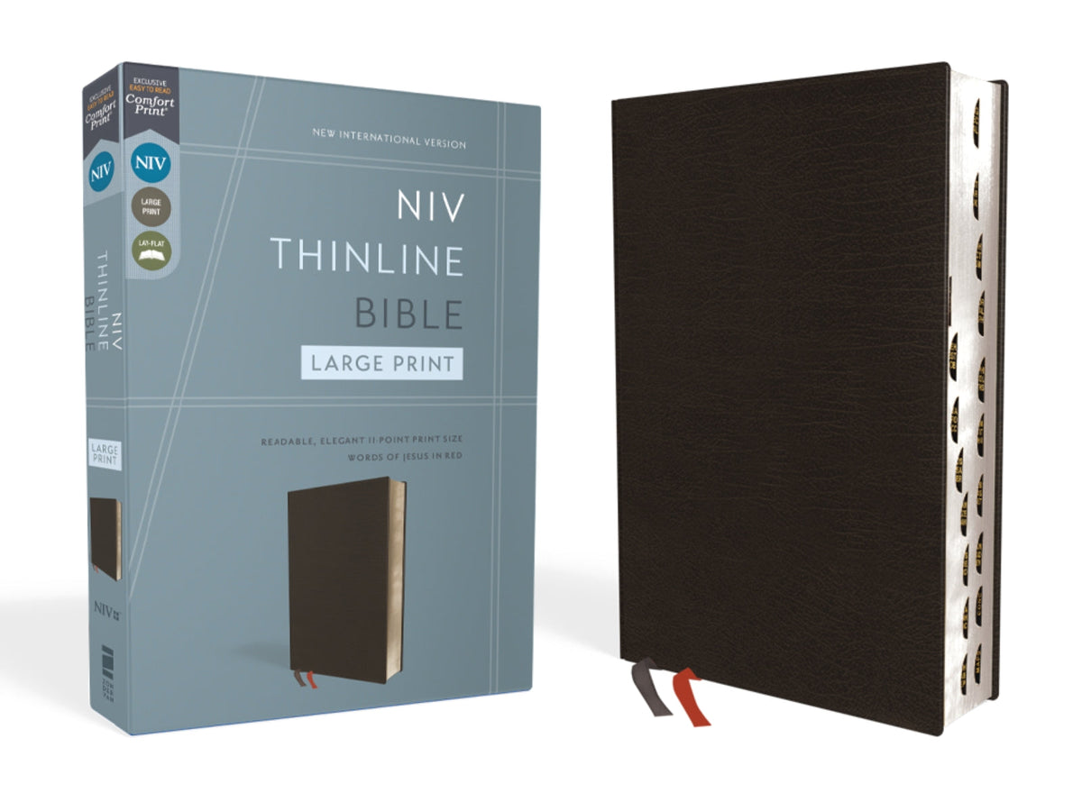 NIV, Thinline Bible, Large Print, Red Letter, Comfort Print – Bonded Leather Large Print, Black, Thumb Indexed